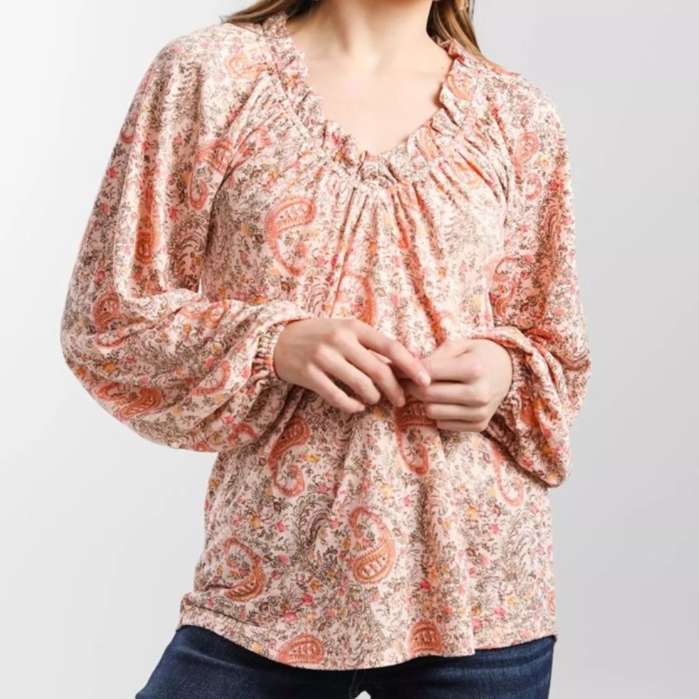 Daytrip Boho Peasant Blouse Top Blush Floral Paisley Print Women’s Medium M